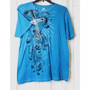 CJ Black Men's Cross T Shirt Sz. L Teal Black Velvet Y2K Grunge